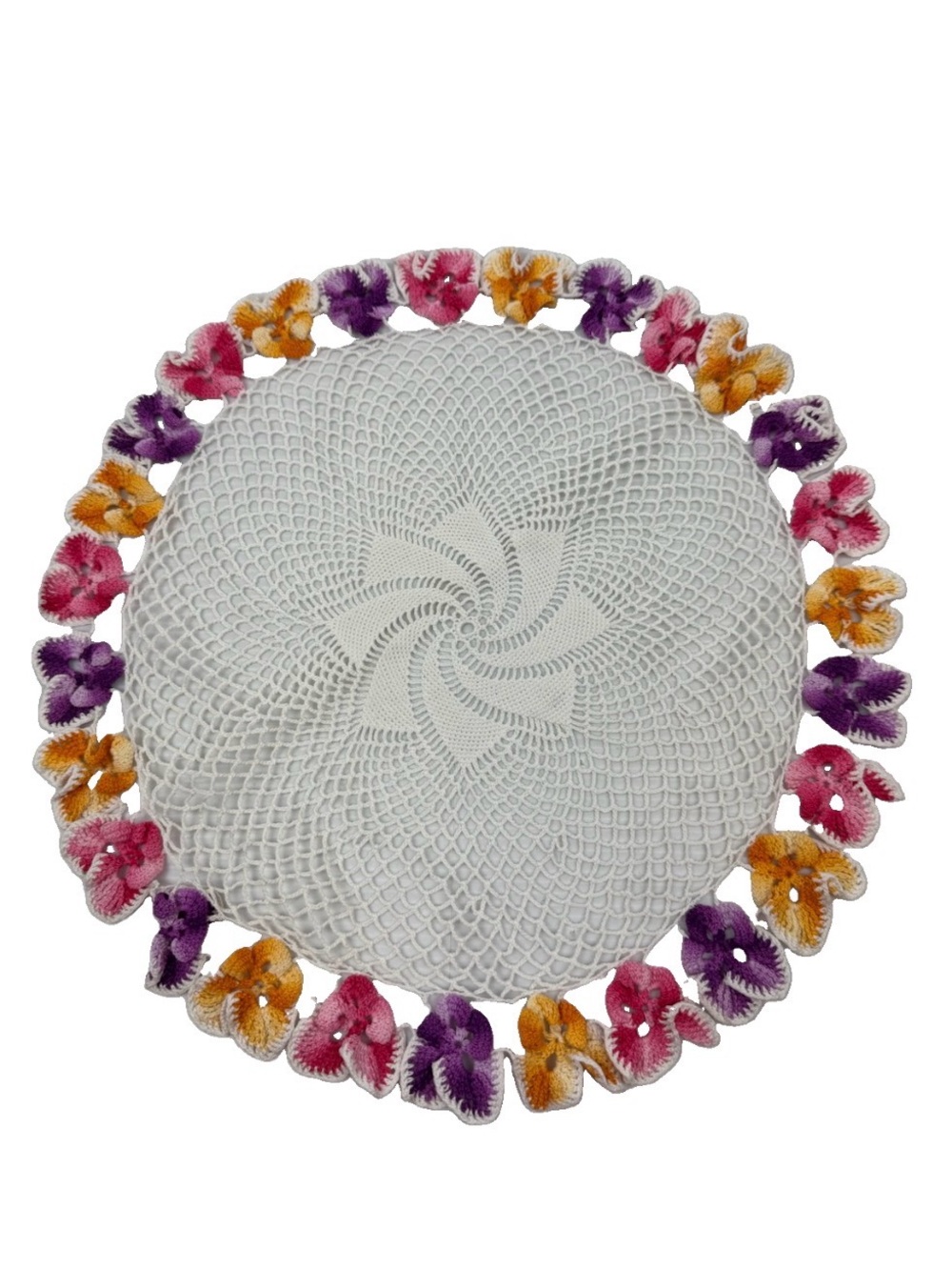 Vintage Hand Crocheted Doily Round Flower Pansy Design White  Pink Lavender 12”